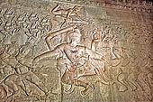 Angkor Wat temple, the bas-reliefs of the third enclosure. East Gallery Southern Part. Churning of the Ocean of Milk.